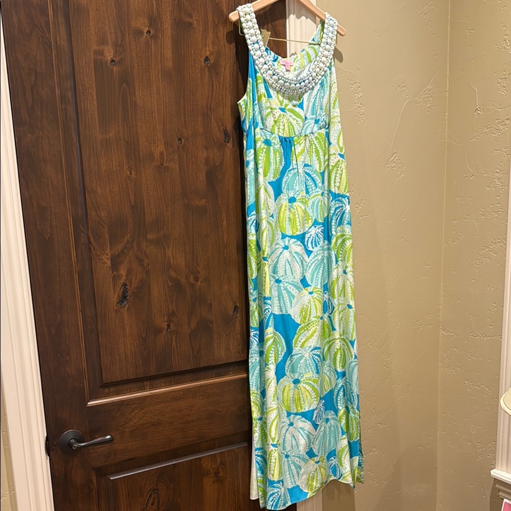 Lilly Pulitzer Colorful 100% Silk Sleeveless Maxi Dress with Beaded Neckline